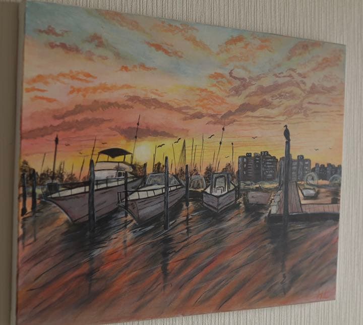 港の夕日　夏風景油絵　アクリル　インテリア飾り