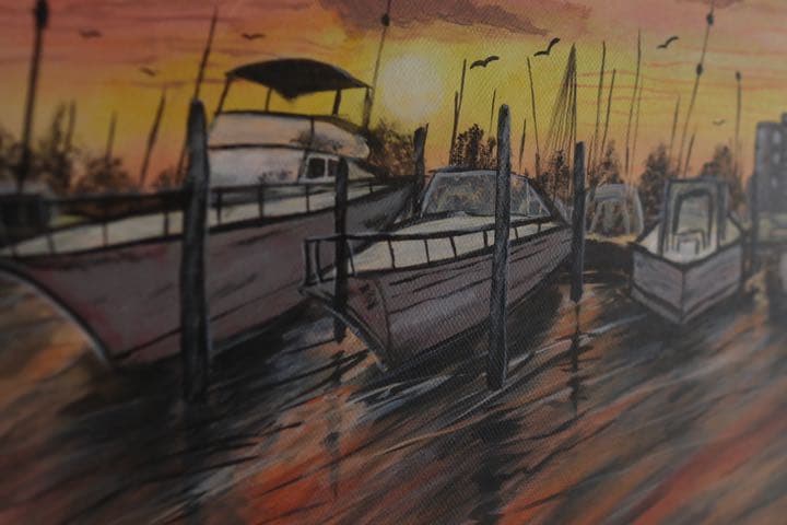 港の夕日　夏風景油絵　アクリル　インテリア飾り