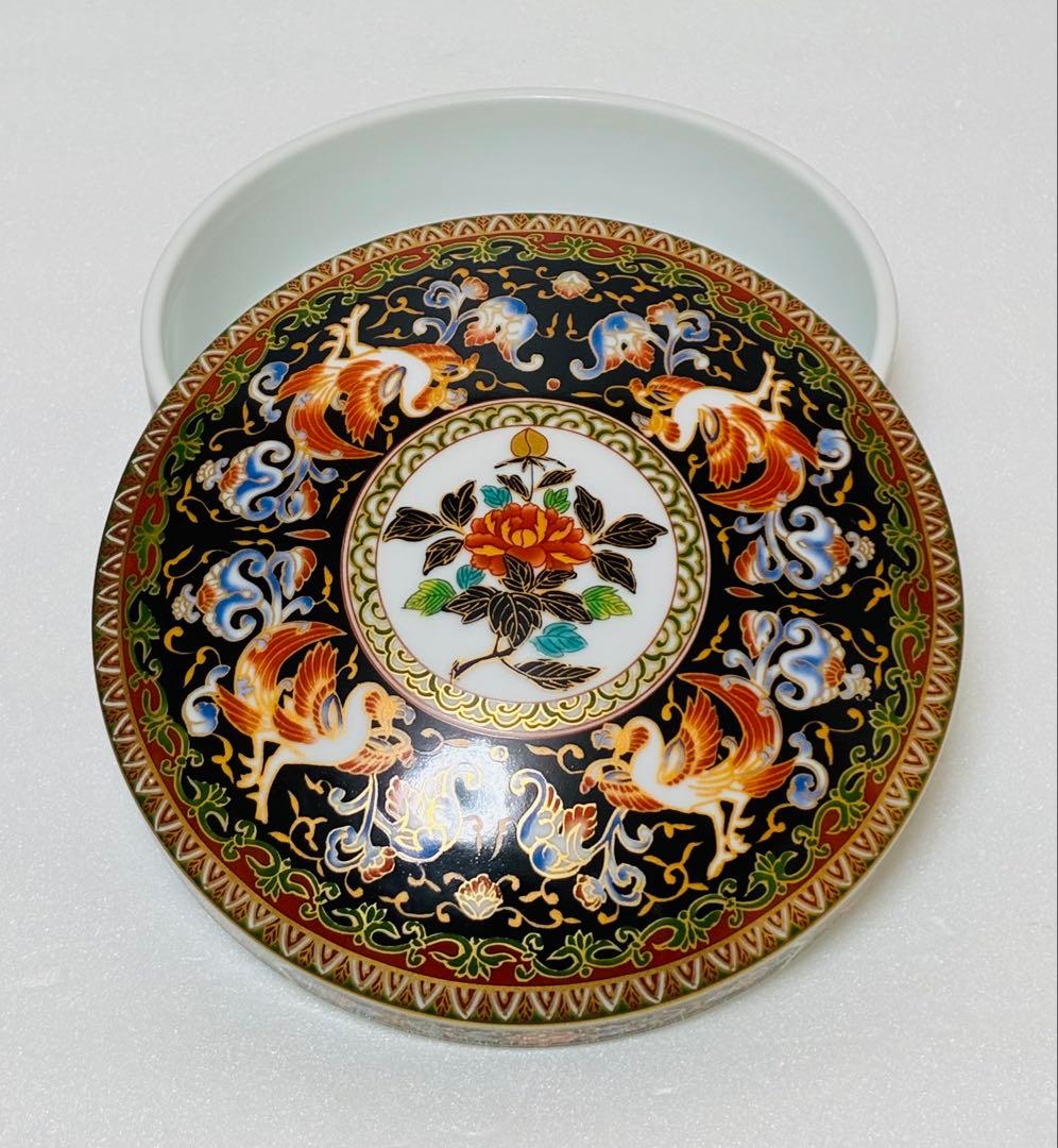 高級美術 有田焼 華山窯 明治香蘭社意匠 ブラックホーソン 金襴手鳳凰蓋物 菓器