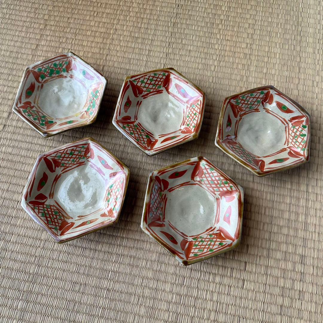 壺屋焼 國場一作【赤絵六角銘々皿 5客組】小皿 やちむん 琉球 民藝 懐石