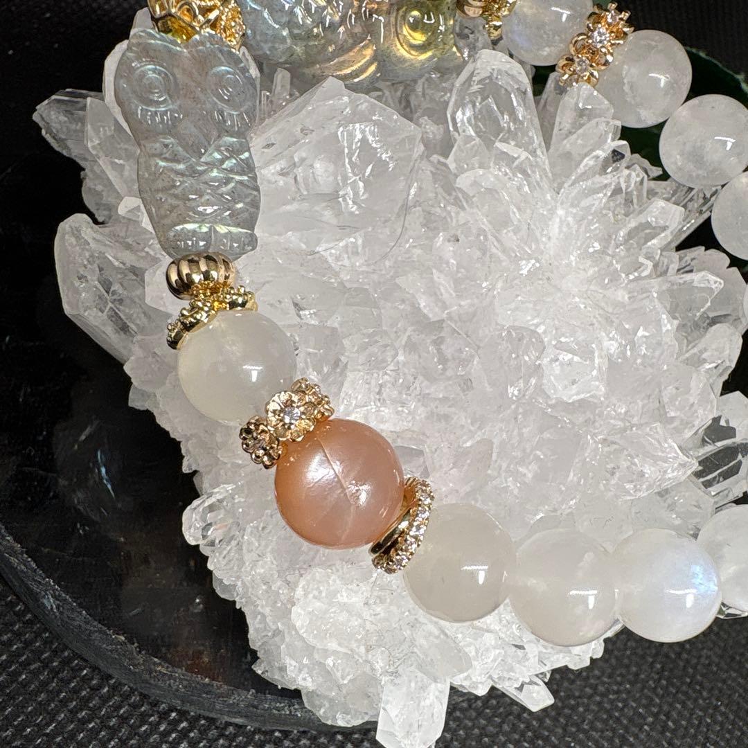 【高品質】ラブラドライト　親子フクロウ　ムーンストーン　ピーチムーンストーン