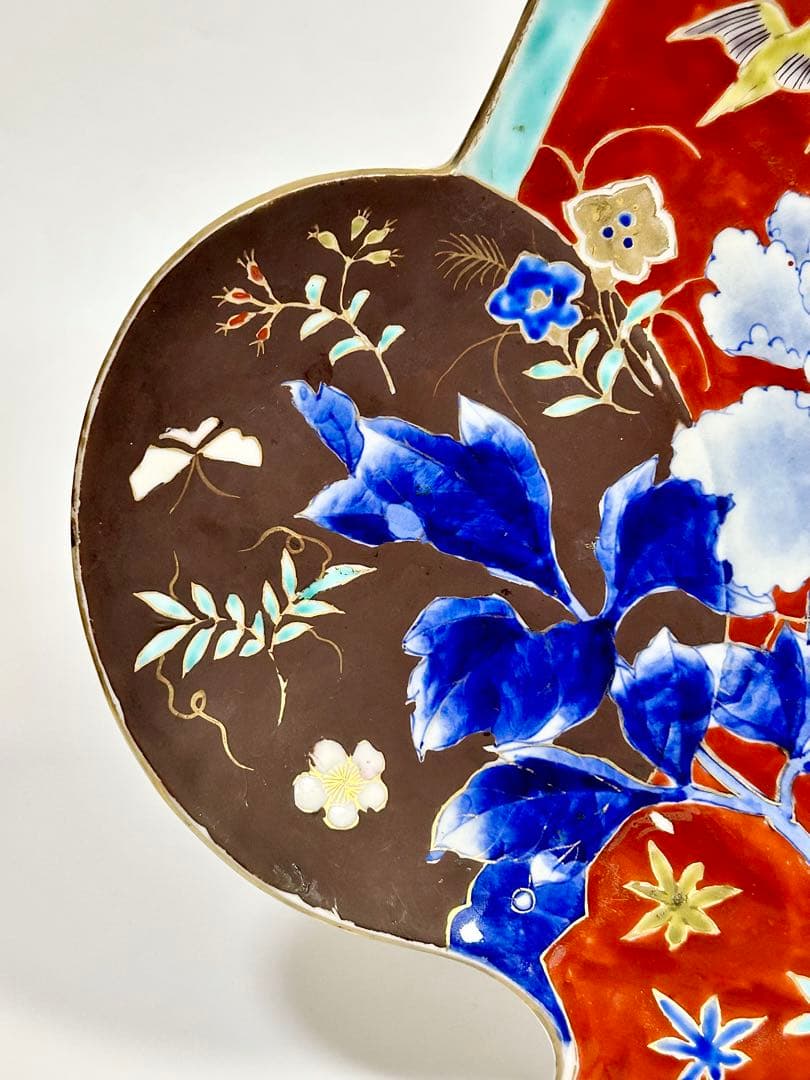 明治初期 香蘭社 染錦牡丹文団扇形皿 伊万里 有田