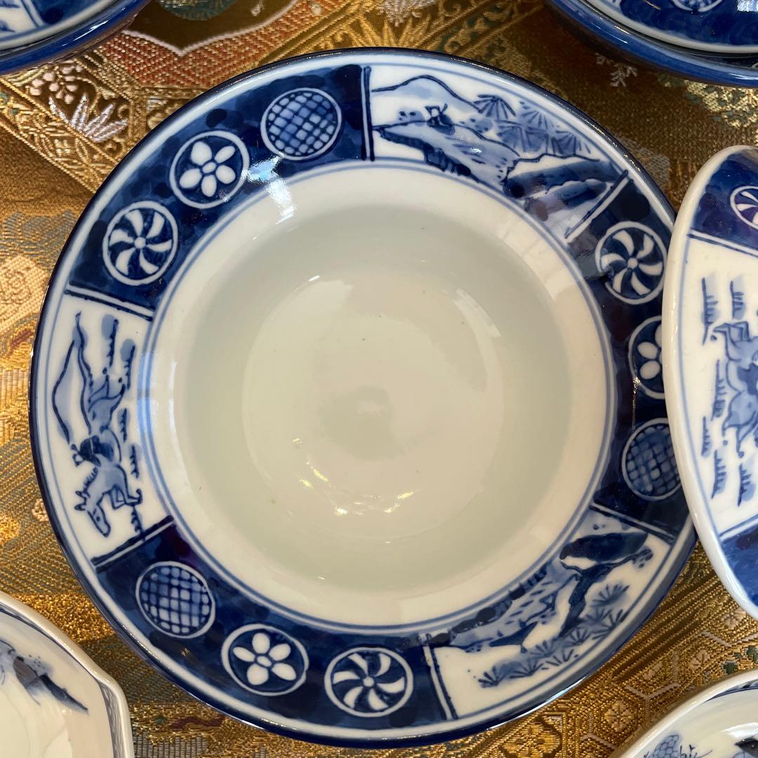 ①たち吉　八角大鉢1 ②染付蓋付き丼3 ③染付舟形小鉢3 ④豆皿3 ⑤御箸3