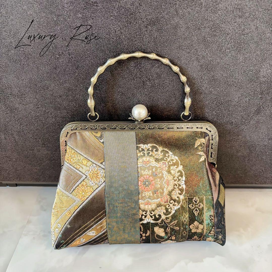1点限定！！螺鈿細工を用いた5種上品高級帯地でパッチワーク上品帯地バッグ