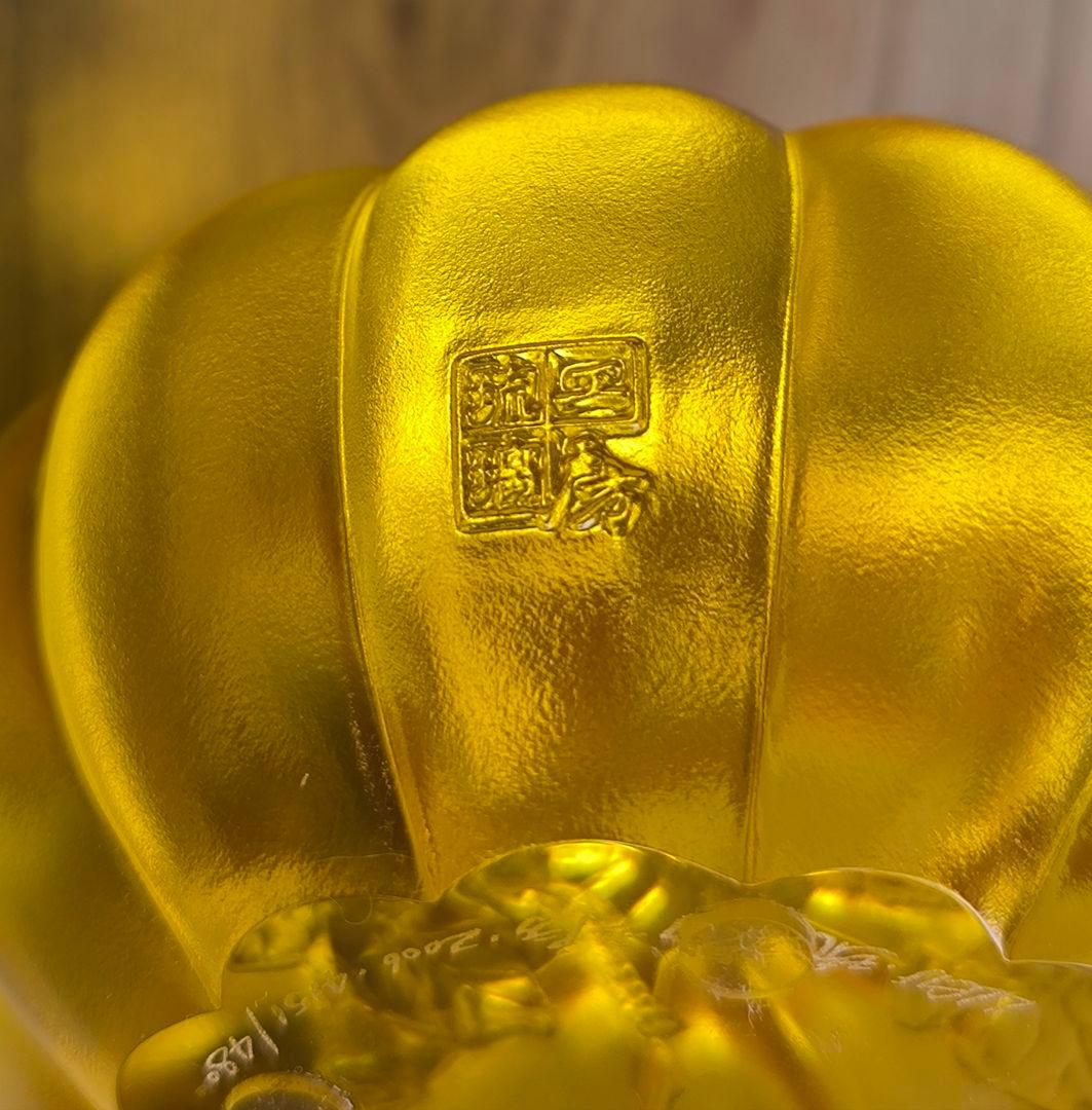 琉璃工房 共箱 栞 ガラス 南瓜と二羽の小鳥 置物 カボチャ ペーパーウェイト