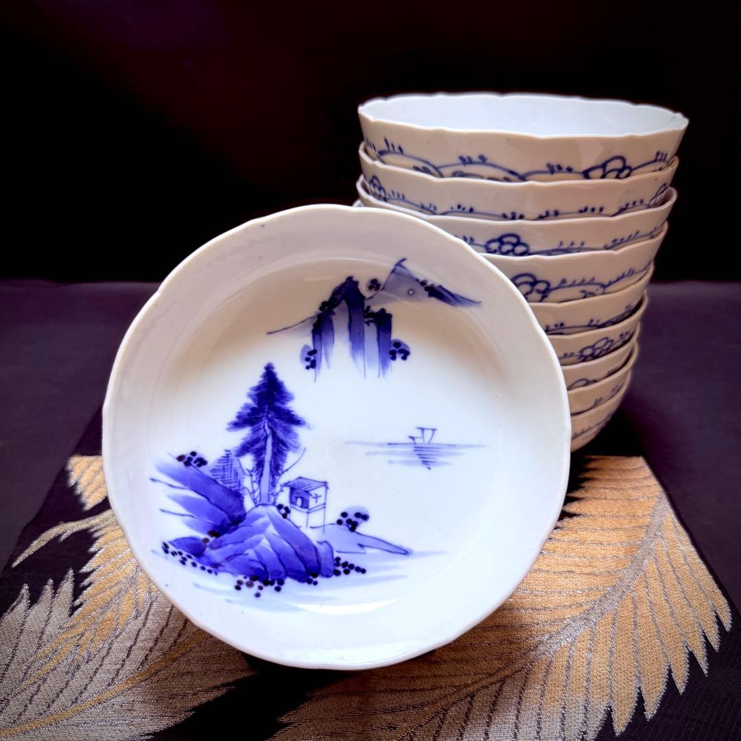 有田焼　冨貴長春　染付山水文　皿　 5客　深皿
