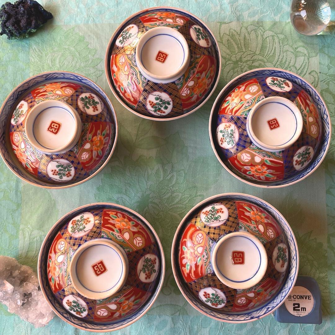 幕末明治　金襴手　染付　牡丹　蓋付煮付け碗　5客