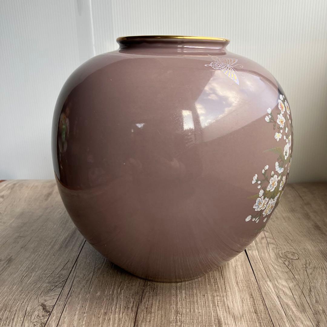 D-壁【極美品】九谷焼 花瓶 桜に富士図 蝶 木札付 壺 金彩 縁起物