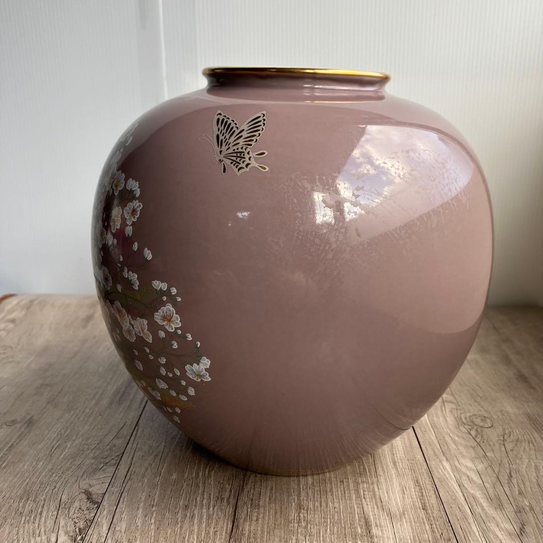 D-壁【極美品】九谷焼 花瓶 桜に富士図 蝶 木札付 壺 金彩 縁起物