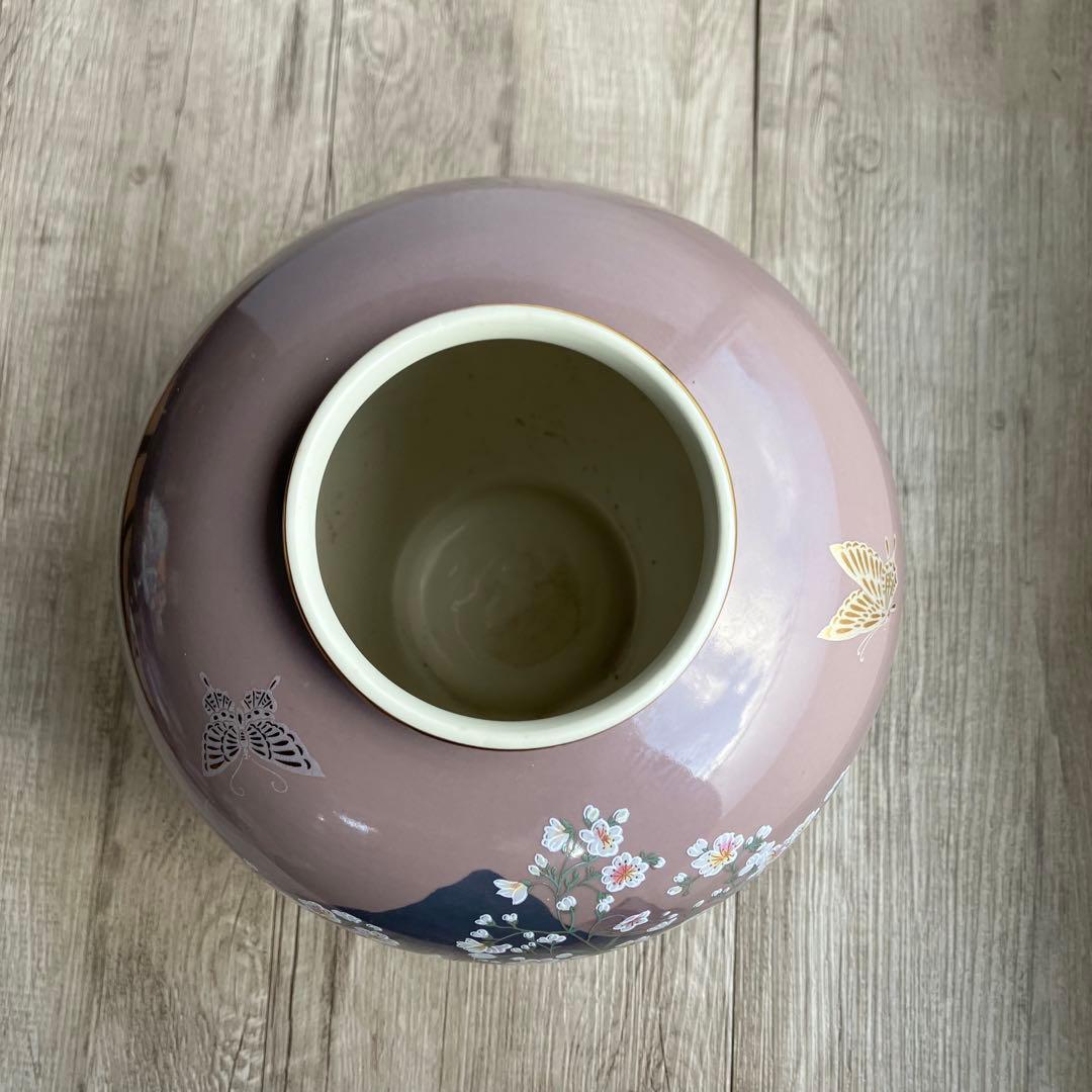 D-壁【極美品】九谷焼 花瓶 桜に富士図 蝶 木札付 壺 金彩 縁起物