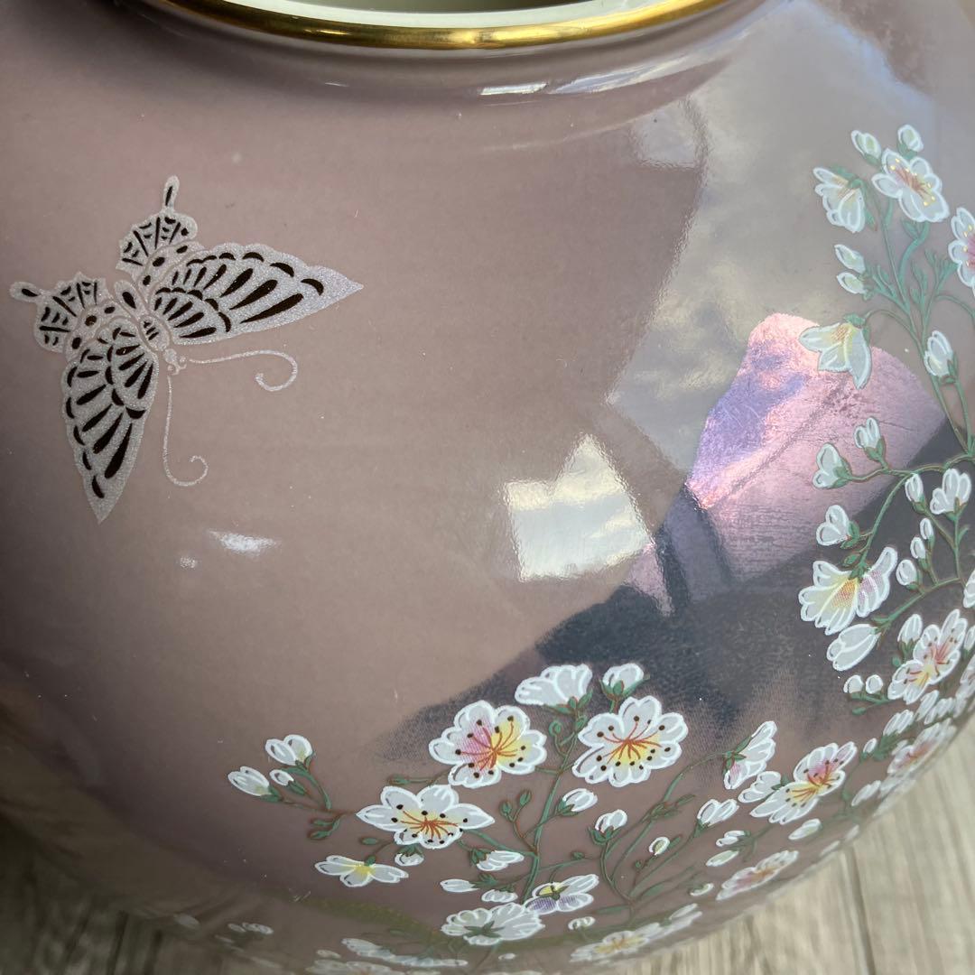 D-壁【極美品】九谷焼 花瓶 桜に富士図 蝶 木札付 壺 金彩 縁起物