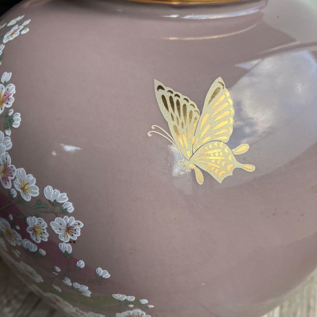 D-壁【極美品】九谷焼 花瓶 桜に富士図 蝶 木札付 壺 金彩 縁起物