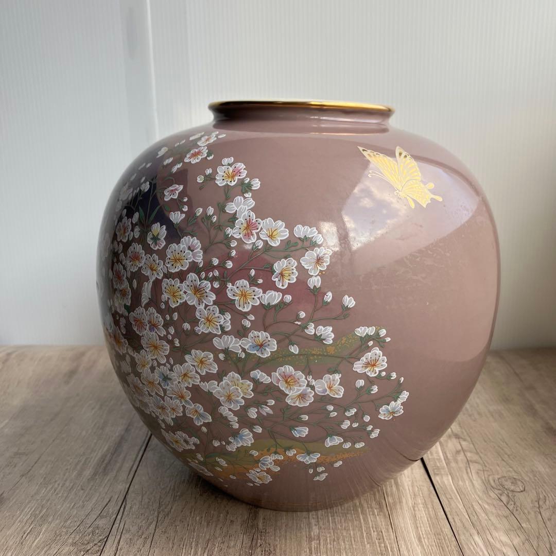 D-壁【極美品】九谷焼 花瓶 桜に富士図 蝶 木札付 壺 金彩 縁起物