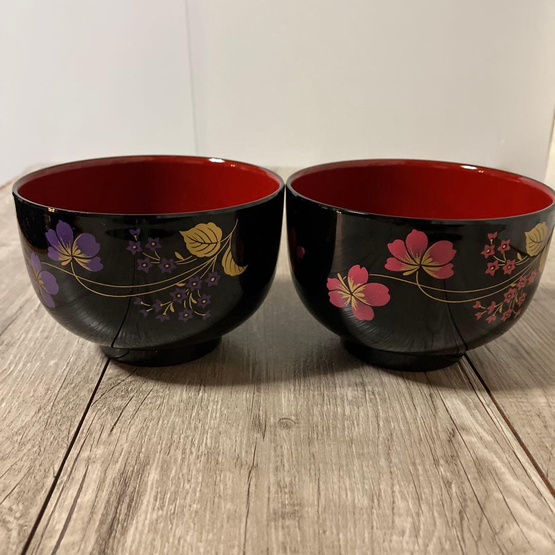 E-1 【未使用】汁椀 5客セット お碗 黒塗り 朱塗り 色違い花柄和食器箱入り